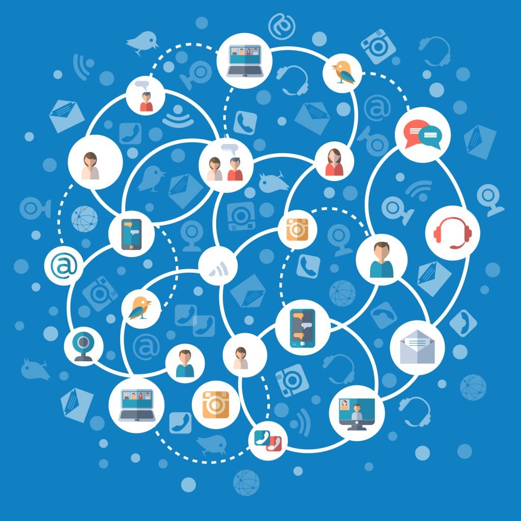Social Selling on LinkedIn - Social networks and communication connecting people online concept on blue background flat vector illustration